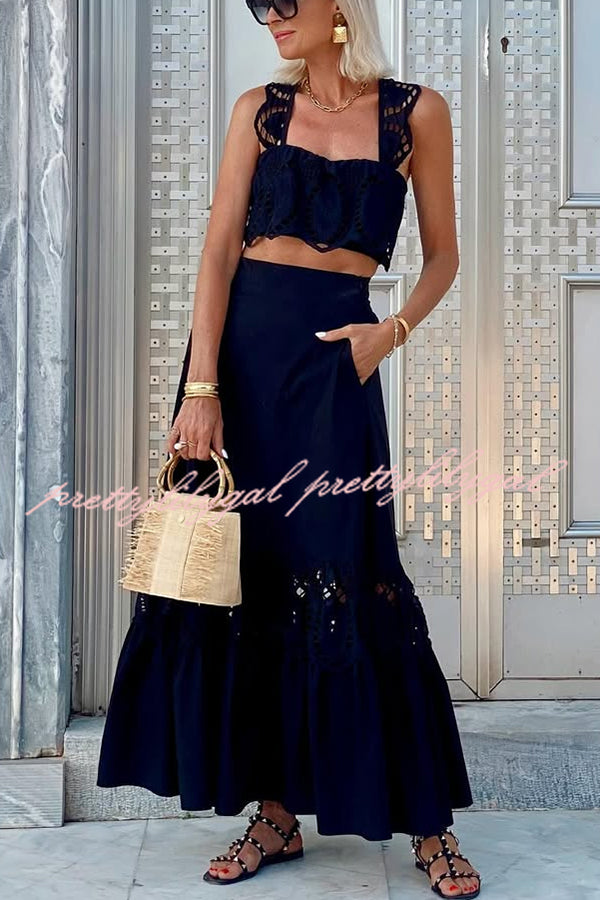 Summer City Hollow Lace Crop Tank and Elastic Waist Pocketed A-line Maxi Skirt Set