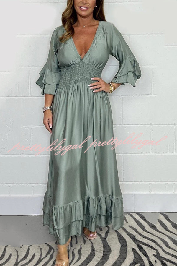 Solid Satin V-Neck Ruffle Sleeve Pleated Waist Maxi Dress