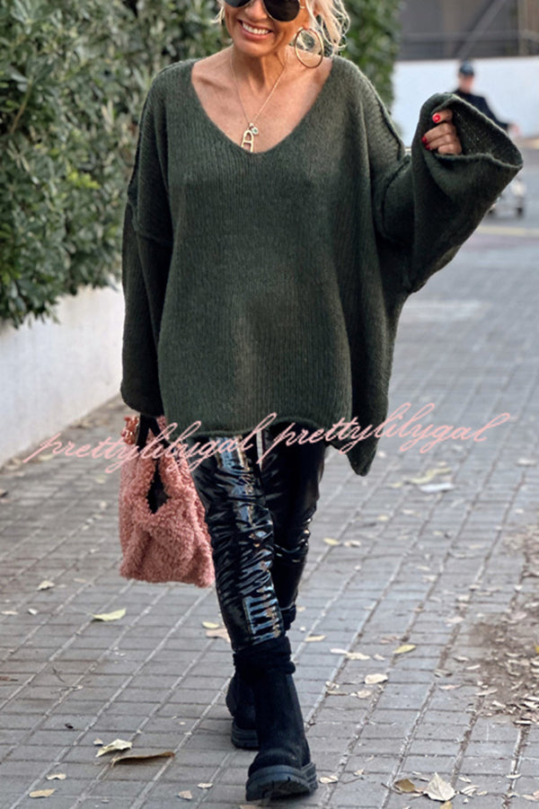 Fashionable Patchwork V-neck Long-sleeved Knitted Sweater