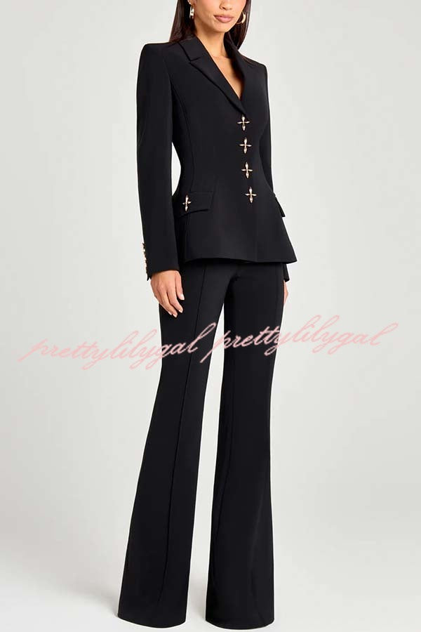 Women Power Metal Cross Snap Button Long Sleeve Lapel Blazer