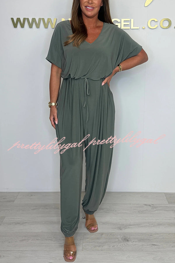 Solid Color V-neck Short-sleeved Waist-tied Loose Casual Jumpsuit