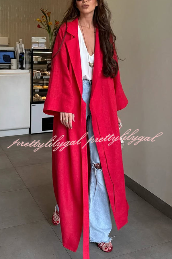 Linen Blend Solid Color Casual Lapel Tie Loose Maxi Dress