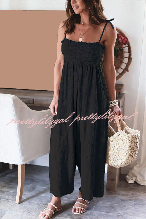 Elegant Solid Color High Waist Linen Blend Suspender Pleated Jumpsuit