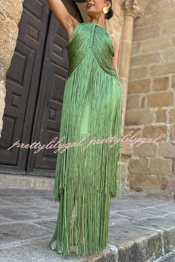 Fashion Sleeveless Halter Neck Elegant Tassel Slim Maxi Dress