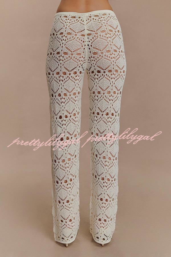 Trena Crochet Knit Hollow Mid Rise Stretch Wide Leg Pants