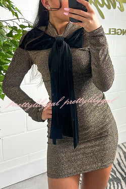 Fashion Sequin Long Sleeve Black Velvet Bow Mini Dress