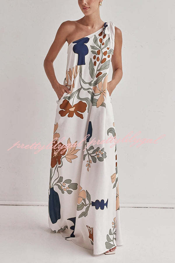 Matches The Vacation Unique Print One Shoulder Tie-up Pocketed Loose Maxi Dress