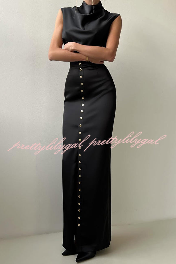 Solid Color Casual Sleeveless Crop Top and Elegant Button-down Maxi Skirt Set