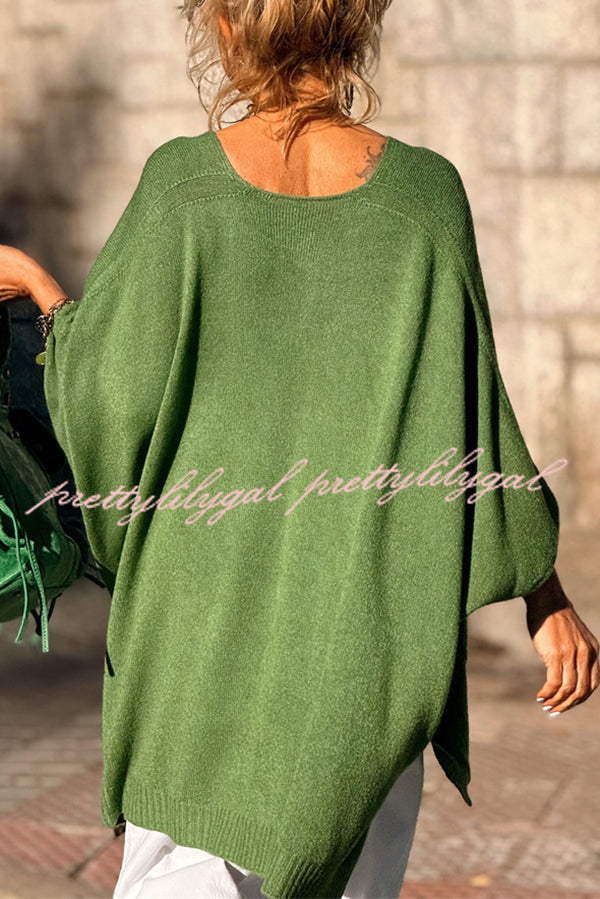 Fashion V-neck Loose Pocket Mid-length Knitted Sweater
