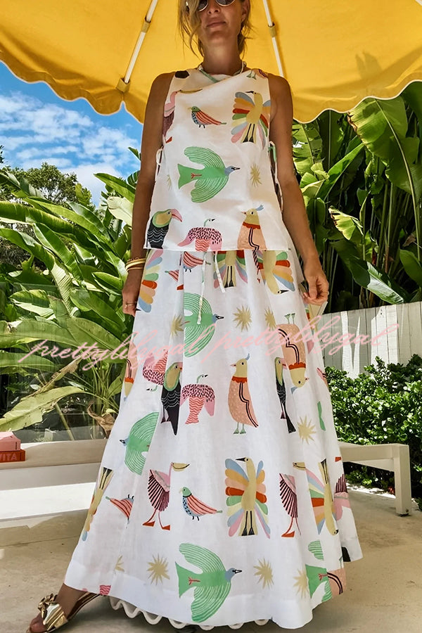 Island Paradise Linen Blend Unique Print Tie-up Slit Tank and Elastic Waist Pocketed Maxi Skirt Set