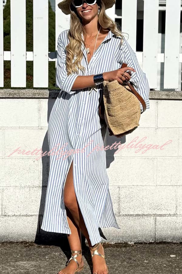 All-match Striped Button Up Half Sleeve Belted Pocket Shirt Midi Dress