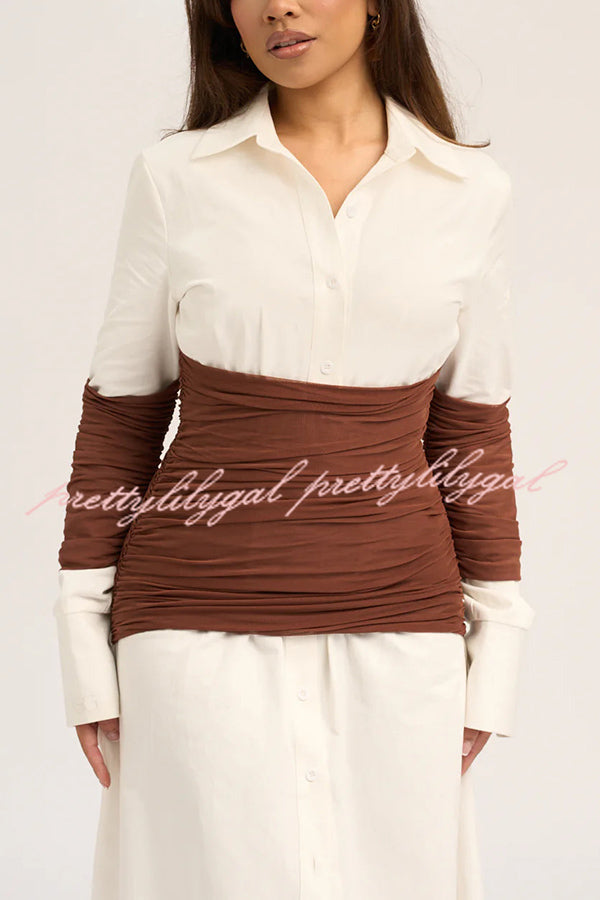 Fashionable Pleated Contrast Patchwork Waist Long Sleeve Button Shirt Maxi Dress