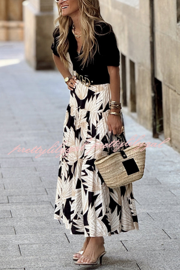 Resort Style Botanical Print Elastic Waist Loose Stitching Midi Skirt