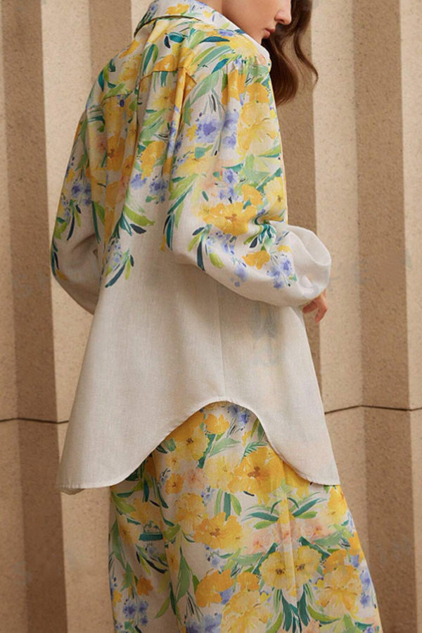 Floral Print Lapel Long Sleeve Shirt and Elastic Waist Pocket Casual Wide Leg Pants Set