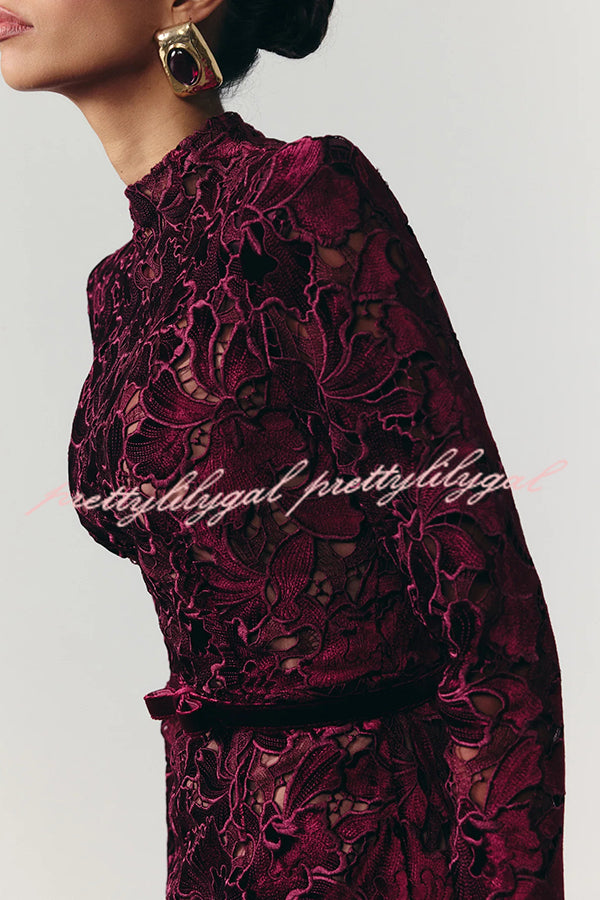 Diane Velvet Embroidered Floral Lace Long Sleeve Belt Scallop Edge Midi Dress