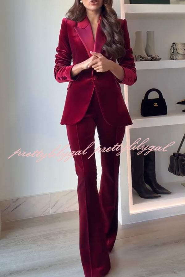 Delicate Daze Velvet Satin Lapel Button Up Long Sleeve Tapered Waist Blazer