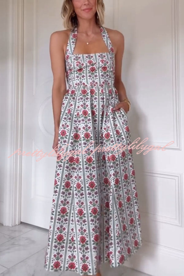 Summer Event Linen Blend Floral Pocketed Halter Maxi Dress