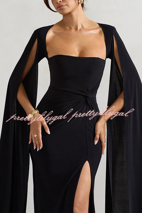 Elegant Goddess Square Neck Twisted Cape Sleeve Slit Maxi Dress