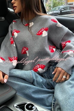 Mushroom Pattern Casual Loose Round Neck Knitted Sweater