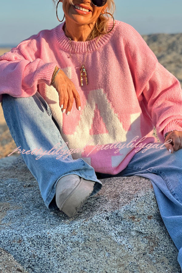Letter Pattern Crew Neck Long Sleeve Loose Knit Sweater