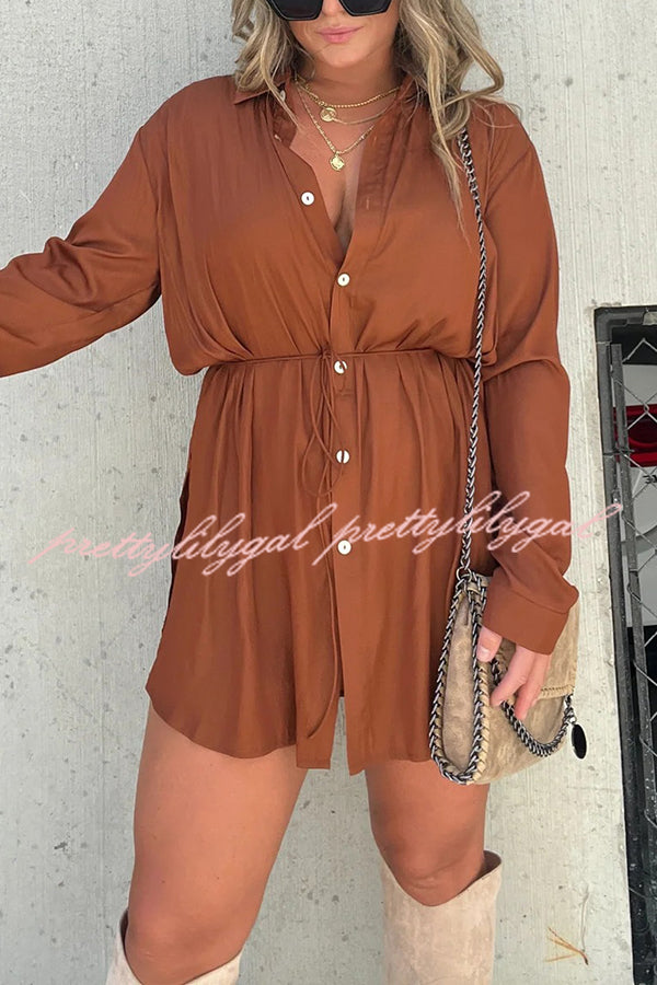 Solid Color Long Sleeve Button Casual Shirt-Style Rompers
