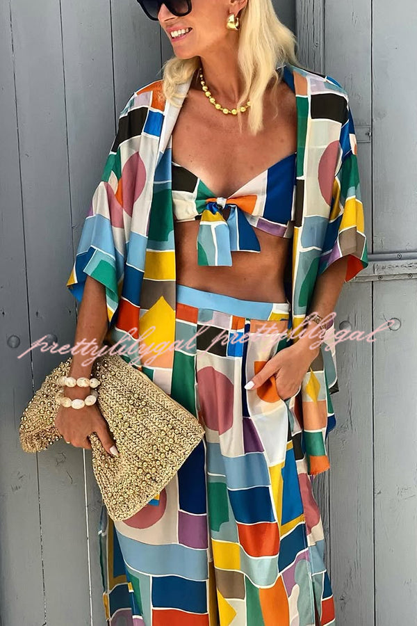 Summer Colors Printed Kimono + Knotted Tank + Elastic Waist Pocket Three-pieces Pants Set