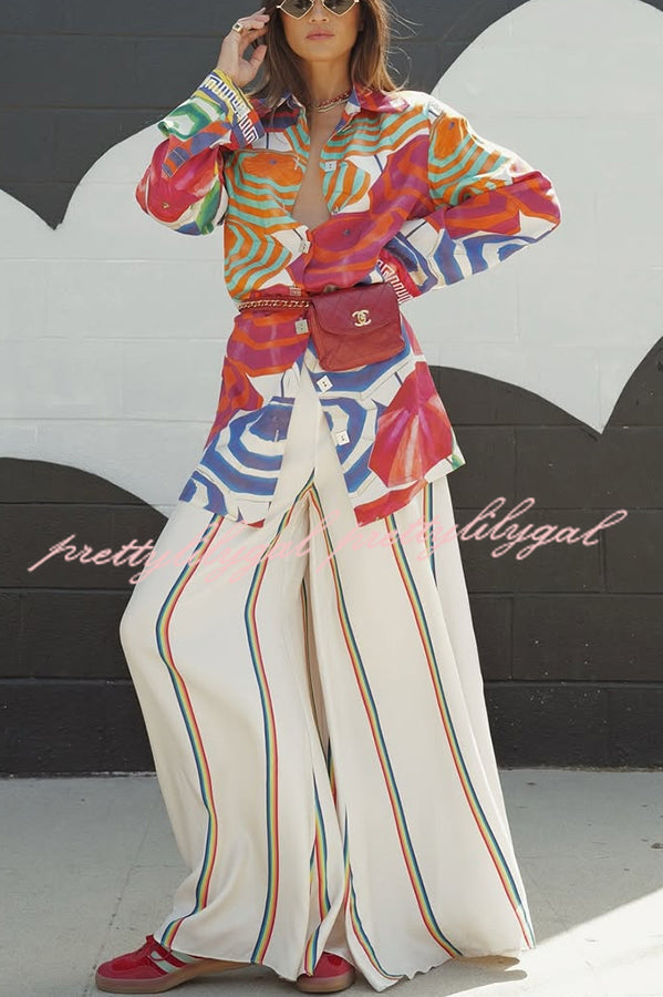 Elouise Satin Color Block Art Print Long Sleeve Button Back Elastic Waist H-line Mini Dress