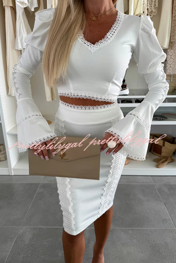Career Beauty Lace Paneled Long Bell Sleeve Crop Top and High Rise Mini Skirt Set