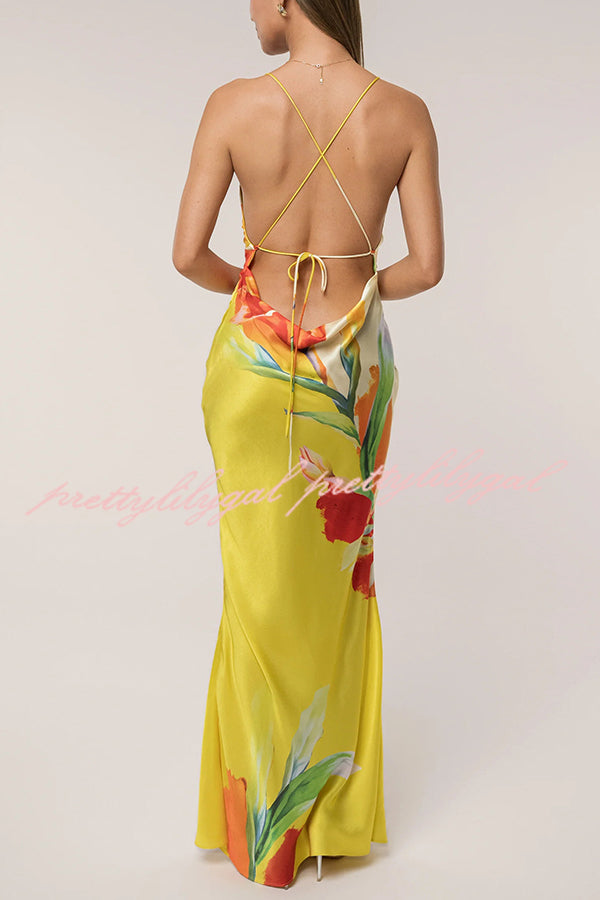 Luisa Satin Floral Print Cowl Neck Sexy Open Back Tie-up Maxi Dress