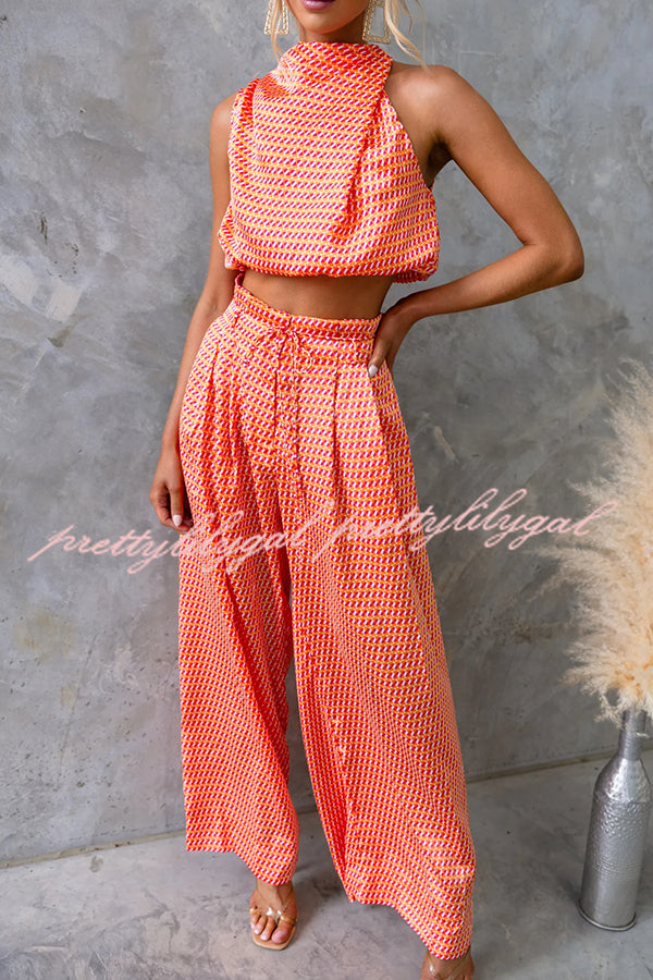 Girls Night Satin Printed High Neck Top and Elastic Tie-up Waist Pocket Wide Leg Pants Set