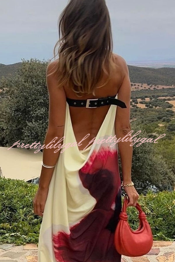 Floral Print Sexy Strapless Backless Belt Maxi Dress