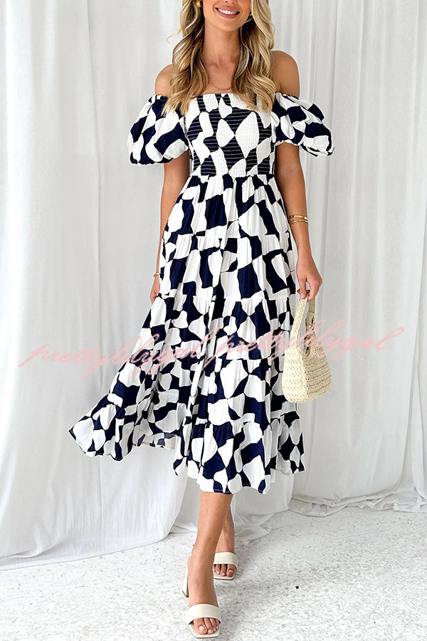 Petal Princess Unique Print Smocked Waist Puff Sleeve Midi Dress