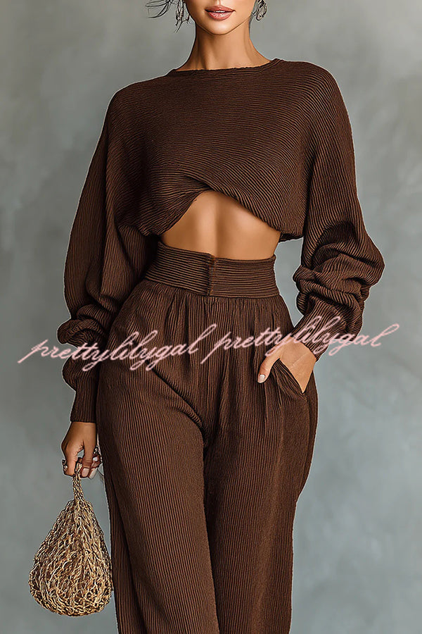 Solid Color Textured Fabric Round Neck Long-sleeved Top + High Waist Casual Pocket Wide-leg Pants Set