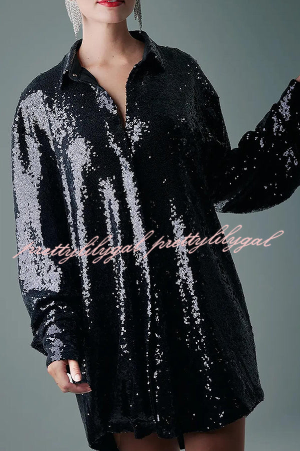 Solid Color Sequined Long-sleeved Casual Mid-length Loose Shirt