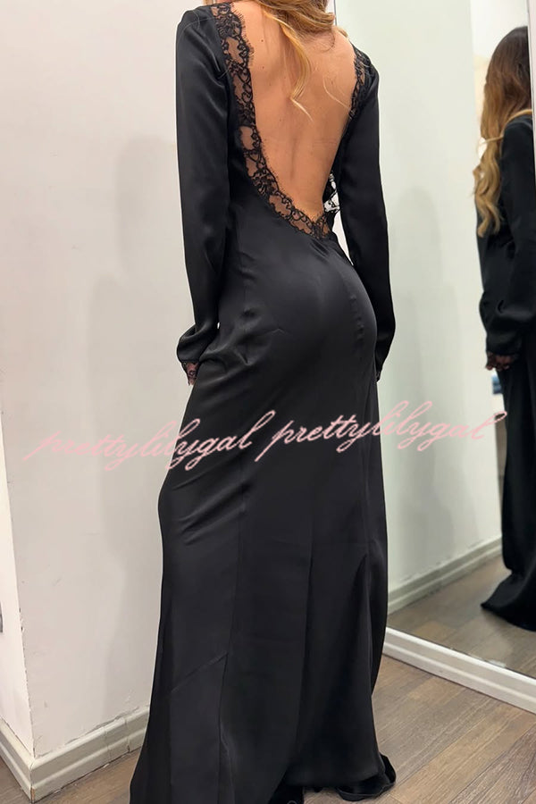 Mystic Moment Satin Lace Trim Long Sleeve Backless Maxi Dress