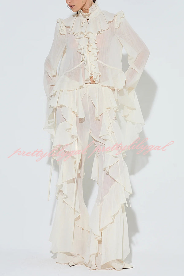Fashionable Ruffled Elastic Waist Holiday Style Flared Pants