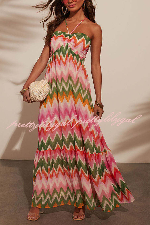 Colorful Zigzag Pattern Halter Backless Pleated Holiday Maxi Dress