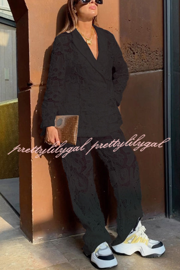 Fashionable Lace Long-sleeved Lapel Loose Top and Casual Hollow Pants Set