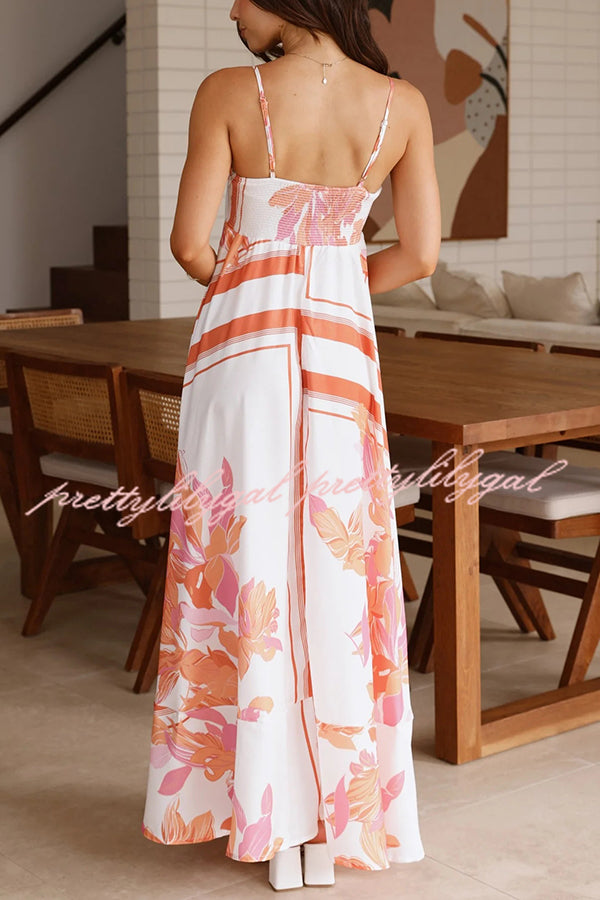 Botanical Print Halter Square Neck Pleated Loose Maxi Dress