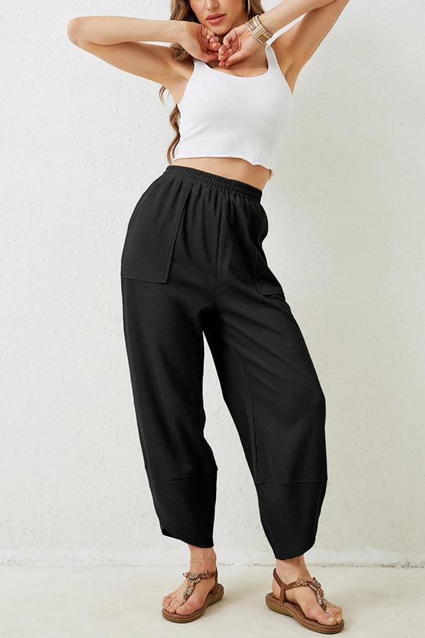 Solid Color Casual Elastic Waistband Wide-leg Pants