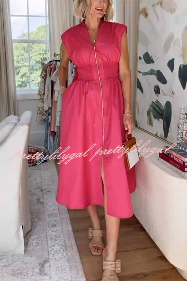 Workdays or Weekends Front Zipper Smocked Waist Pocket Loose Midi Dress