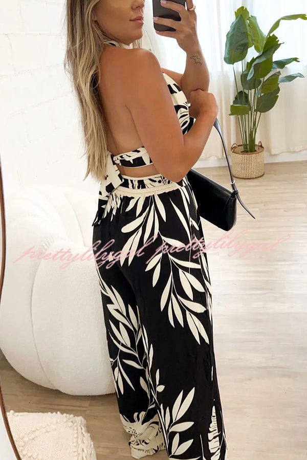 Botanical Print Halterneck Crop Top and Casual High-waist Wide-leg Pants Set