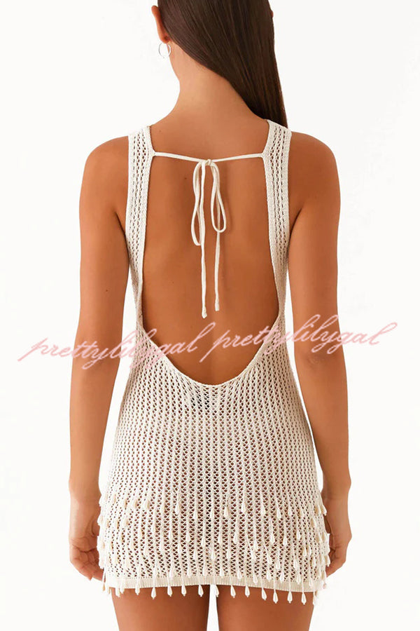 Fashion Knit Hollow Beaded Tassel Embellished Sleeveless Slim Mini Dress
