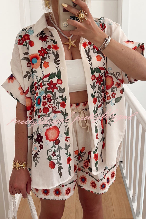 Linen Blend Floral Print Short Sleeve Loose Shirt and Elastic Waist Tie Casual Shorts Set
