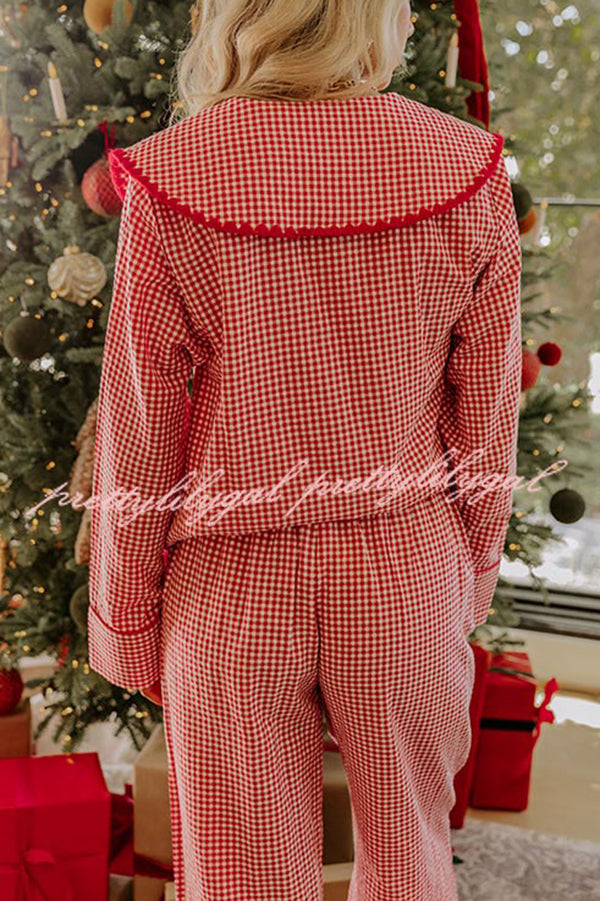 Nutcracker Charm Embroidered Gingham Loose Shirt and Elastic Waist Pajama Set