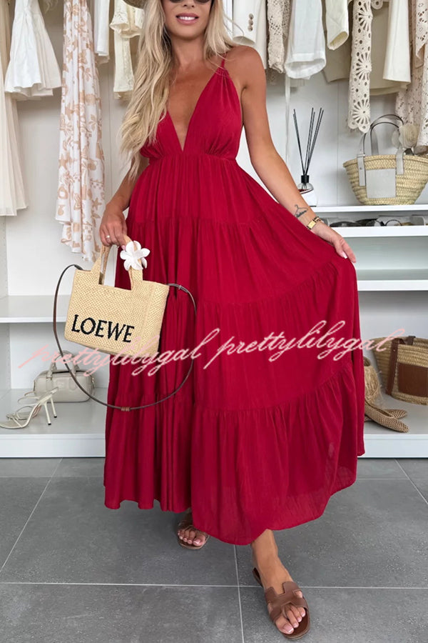Bohemian Style V-neck Backless Slip Layered Vacation Maxi Dress