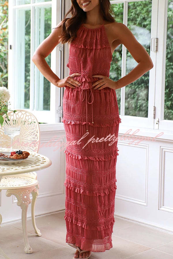 Feel Chic and Romantic Sequin Textured Material Back Elastic Halter Tie Tank and Drawstring Waist Tiered Maxi Skirt Set