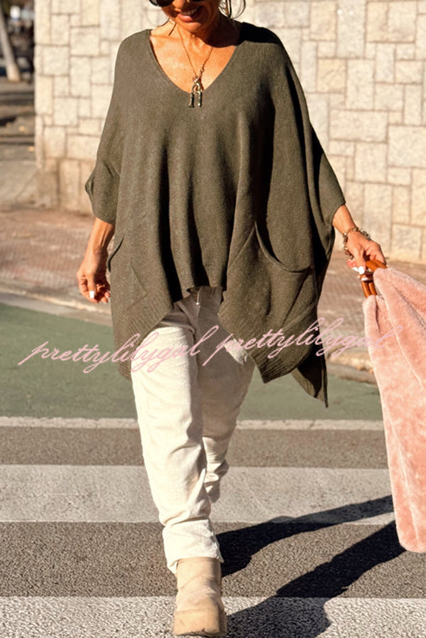 Fashion V-neck Loose Pocket Mid-length Knitted Sweater