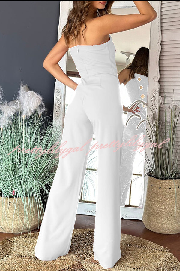 Solid Color Sexy Tube Top Gold Button Embellished Bootcut Jumpsuit