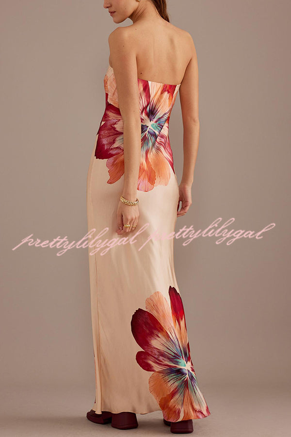 Charming Lady Satin Floral Print Bandeau Loose Maxi Dress